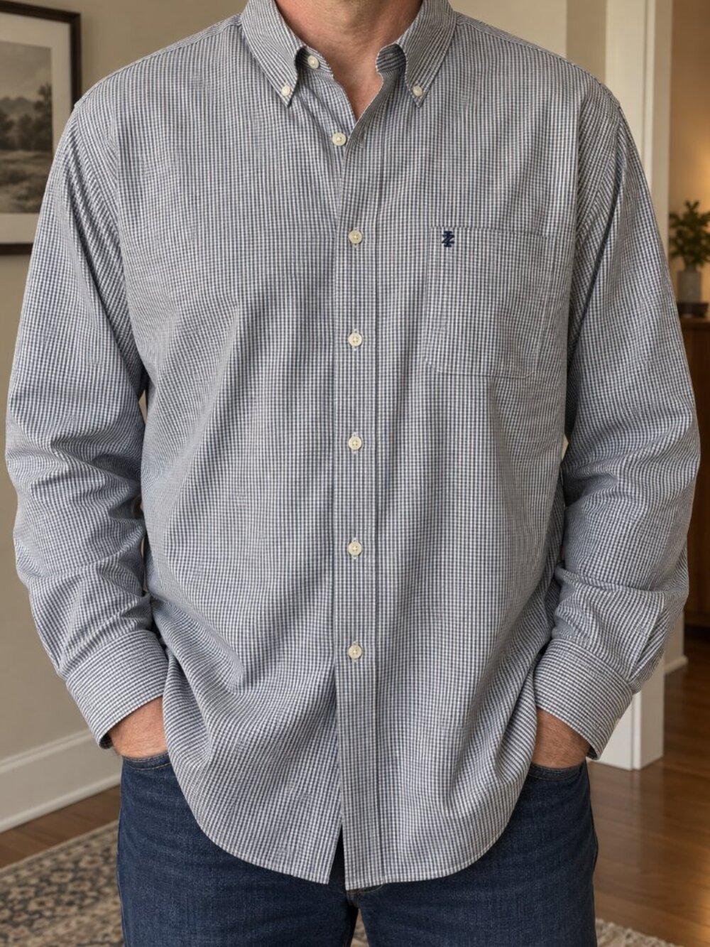 IZOD Men’s 3XLT Navy Micro Check Long Sleeve Button Down Shirt